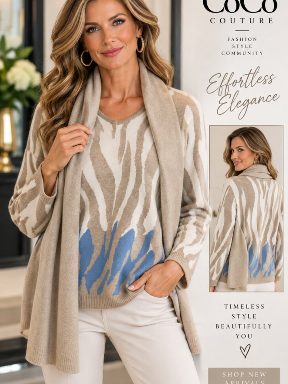 YE708TT Cream and Blue with matching scarf sweater by Picadilly